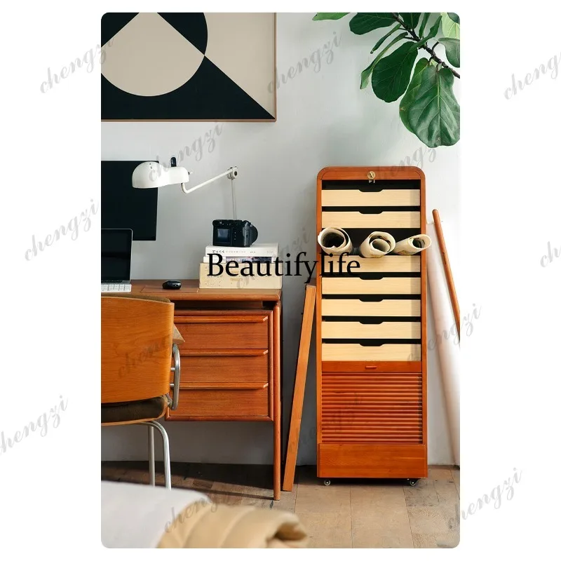 A114 Rolling shutter door Treasure medieval cabinet Retro locker Removable file storage cabinet Cherry wood