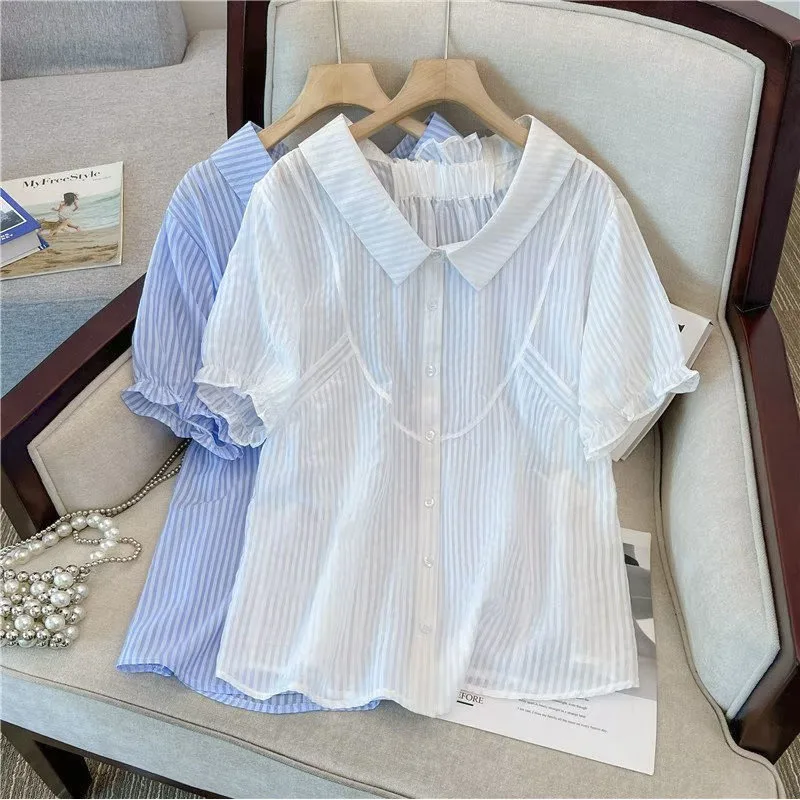 

Elegant Peter Pan Collar Spliced All-match Ruffles Shirt Female Clothing 2023 Summer New Casual Tops Loose Office Lady Blouse