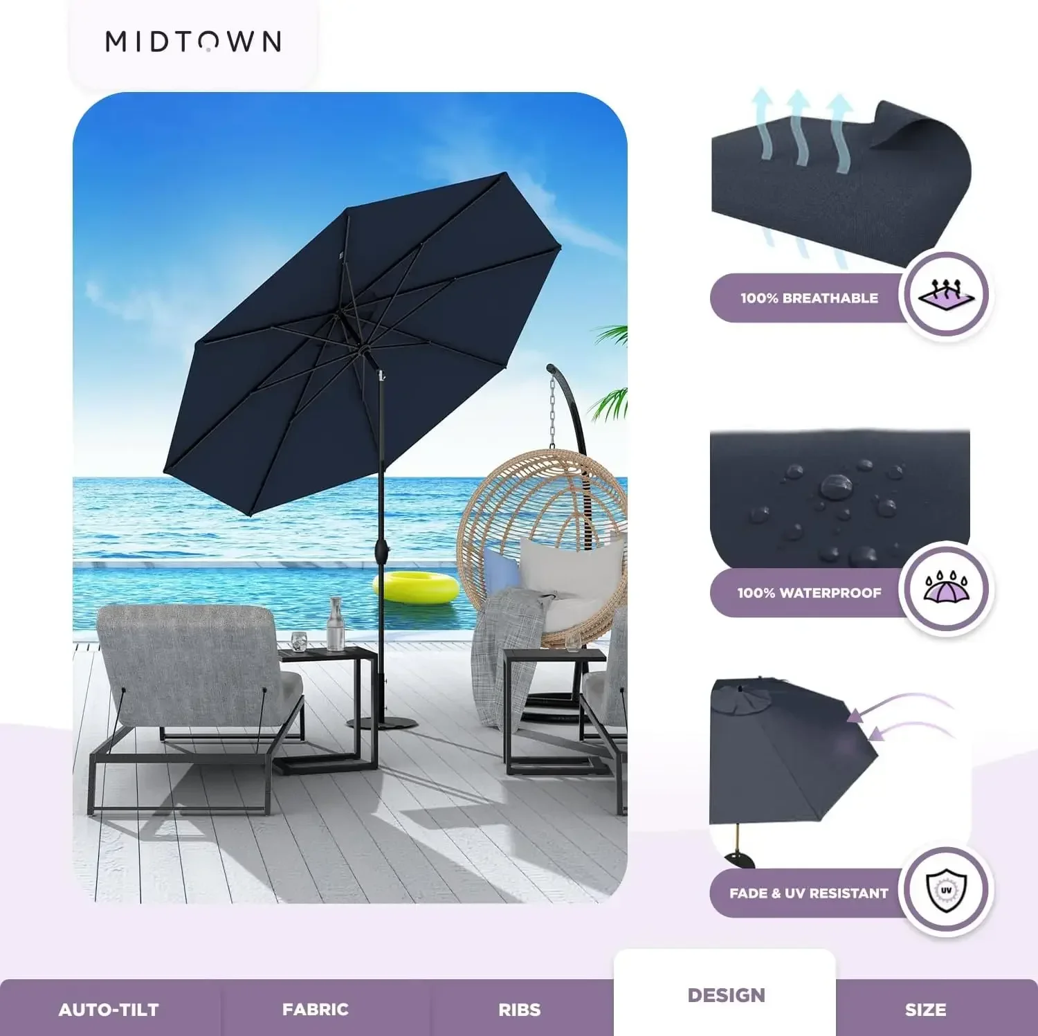 

Зонт Sunbrella 9 футов для улицы с тканевой куполообразной крышей из акрила цвета Navy - Алюминиевый каркас с автоматическим наклоном, зонт для патио и заднего двора