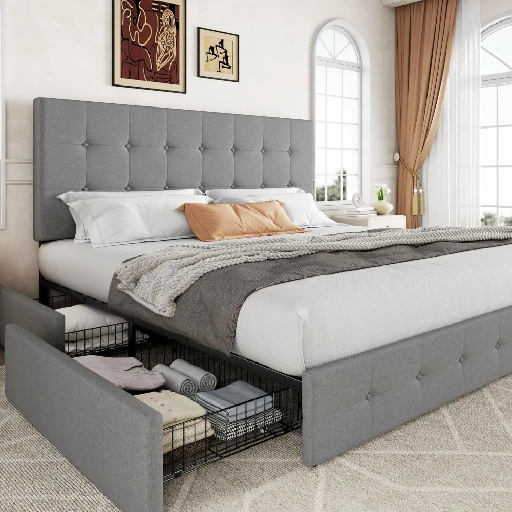 

King Size Platform Bed Frame with 4 Storage Drawers and Headboard, Square Stitched Button Tufted Mattress Foundation with Wooden