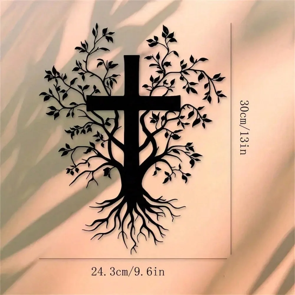 Metal Cross Wall Art Decor - Iron Branch Root Design Religious Pendant For Home Living Room Bedroom Church Wall Hanging