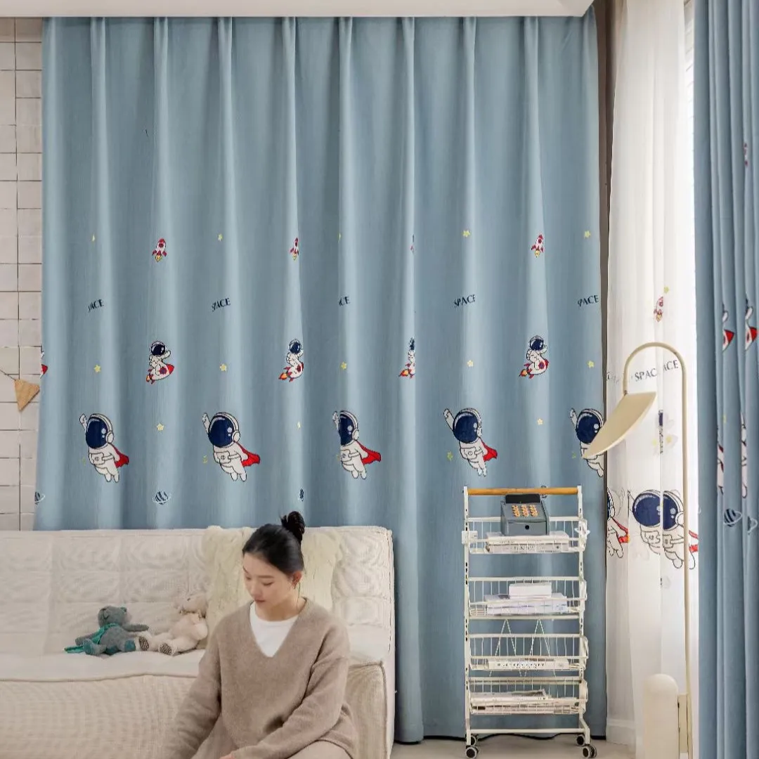 

Custom Size Embroidery Gray Starry Universe Children's Curtains for Living Dining Room Bedroom White Tulle Window Decor Elegant