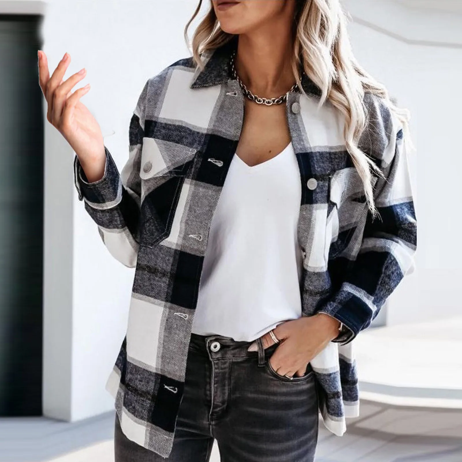 Autumn Spring Women Plaid Printed Jackets Casual Lapel Pocket Single Breasted Blouse Tops American Vintage Shirt Coat худи 후드티