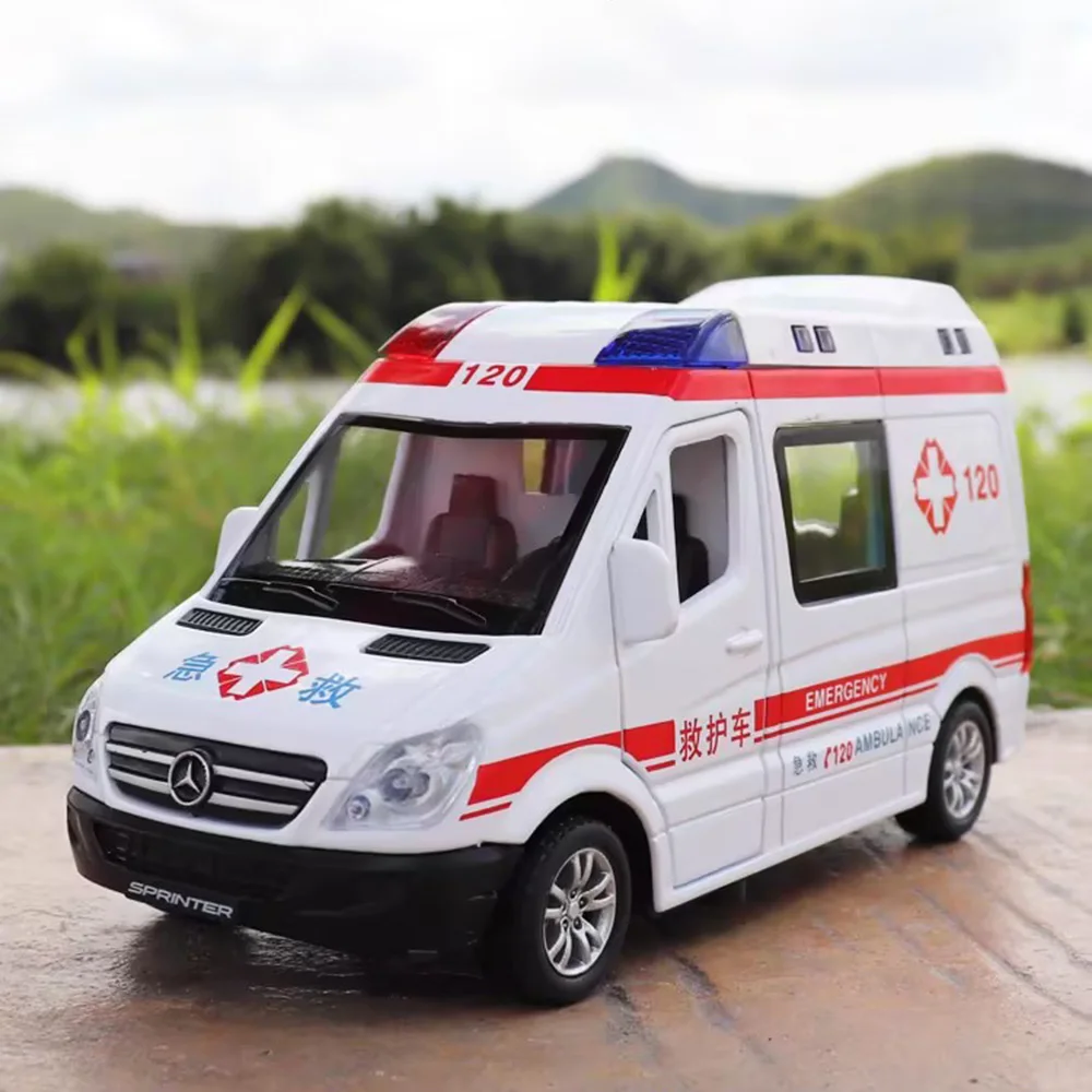 1/32 Ambulance Car Models Toys Alloy Diecast with Light Sound Rescue Vehicle 5 Doors Opened Cars Boy Collection Decoration Gifts