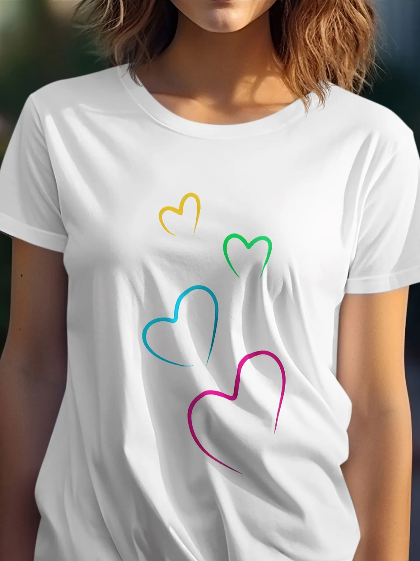 Wo AllSeason Classic Rainbow Hearts Design T-Shirt, weiß, kurzärmelig, Rundhalsausschnitt, Sommer, bequeme Trend-Tops, ideal für Festival-Feiern