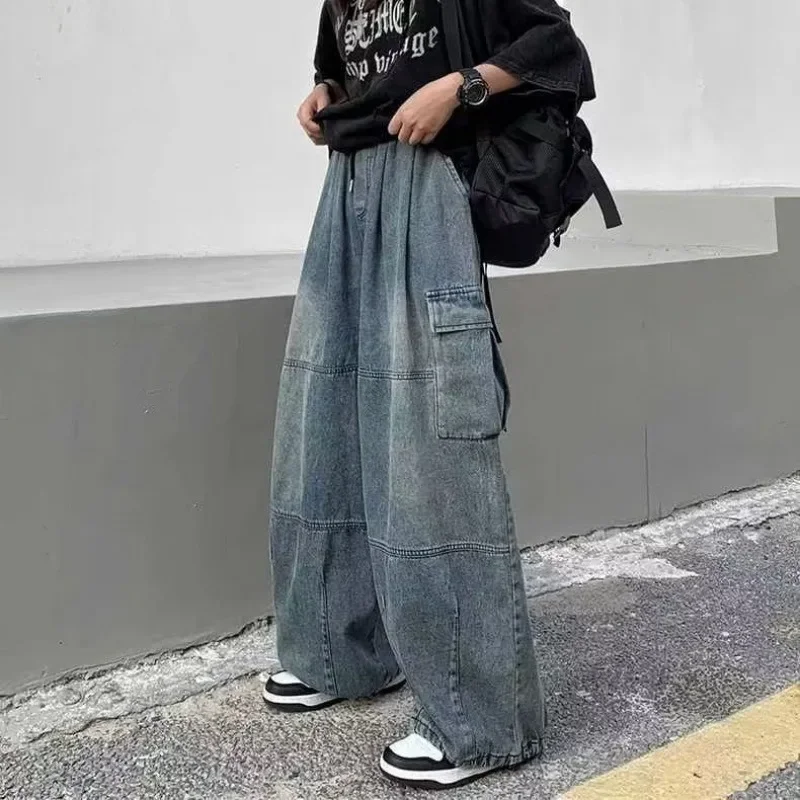 HOUZHOU-Jeans Baggy Cargo para Mulheres, Oversize, Perna Larga, Calças Jeans Femininas, Calças Hip Hop com Bolsos, Streetwear Solto de Patchwork, Y2k