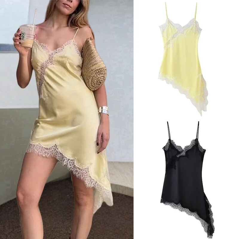 

Women Satin Sexy Lace Spliced Dresses Summer V-neck Sleeveless Backless Asymmetric Party Dress Female Solid Color Sling Dress