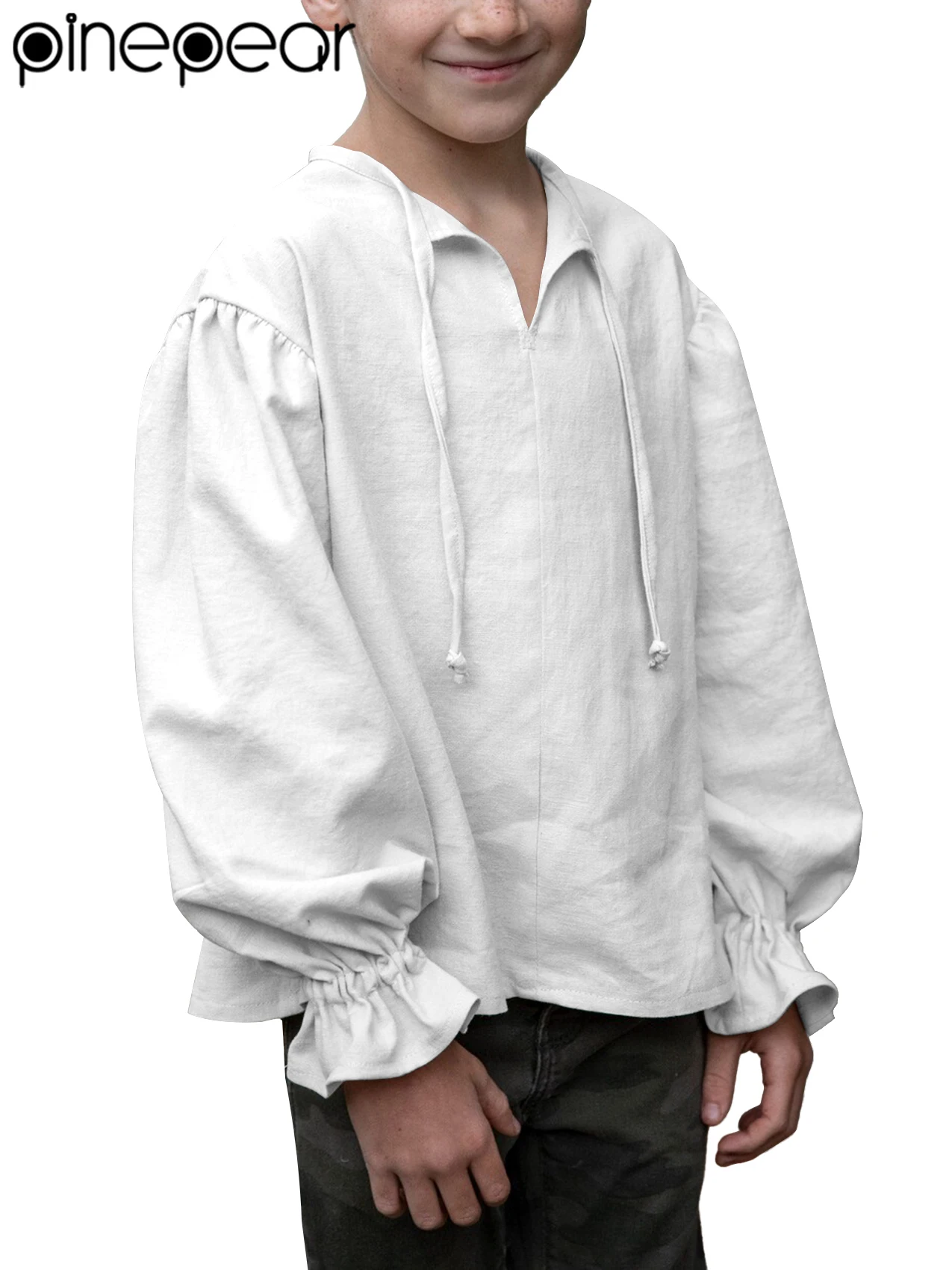 

2025 Vikings Pirate Shirt Costume Child Boys Renaissance Medieval Halloween Tops Lace Up Renaissance Cotton Linen Tunic For Kids