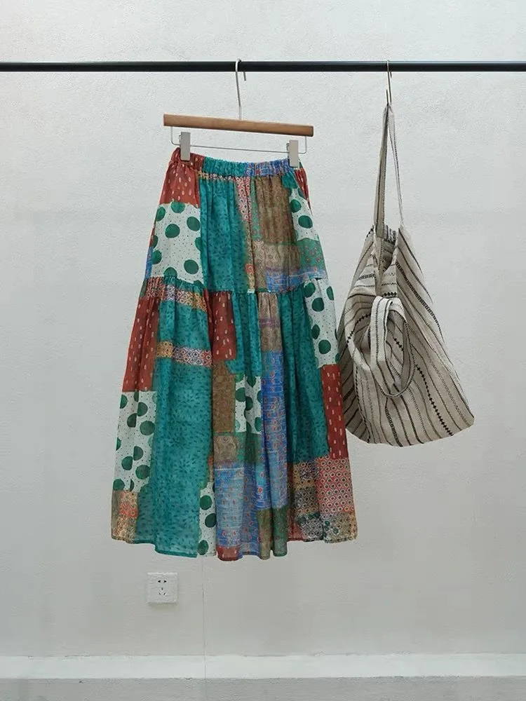 

Retro Spliced Color Print Cotton Linen f Skirt Women's Summer Elastic Waist Slimming Flax Mid-Length A-Line Skirt