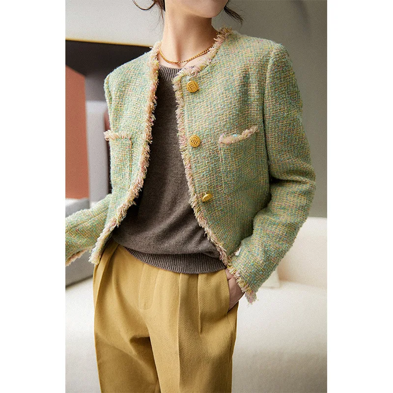 

Spring Autumn Small Fragrance Women Short Jacket New O Neck Tassel Color Tweed High Quality Long Sleeve Green French Casual Coat