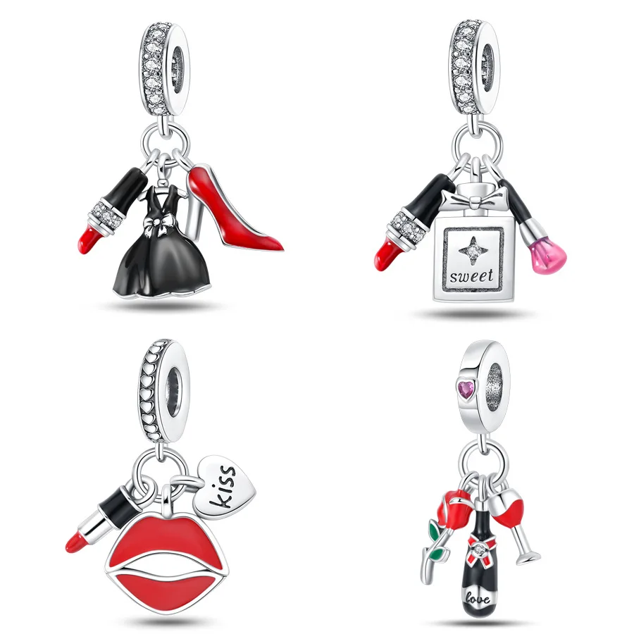 

New 925 Silver Vacation Trend Charms Red Dress High Heels 3-Piece Set Pendant Women Diy Jewelry Fit Original Pandora Bracelet