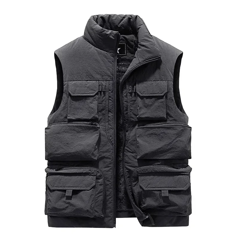 Men\'s New Keep Warm Fleece Work Sleeveless Jacket Slim Fit Windbreaker Fashion Many Pocket Jacket Men Winter Sleeveless Jackets