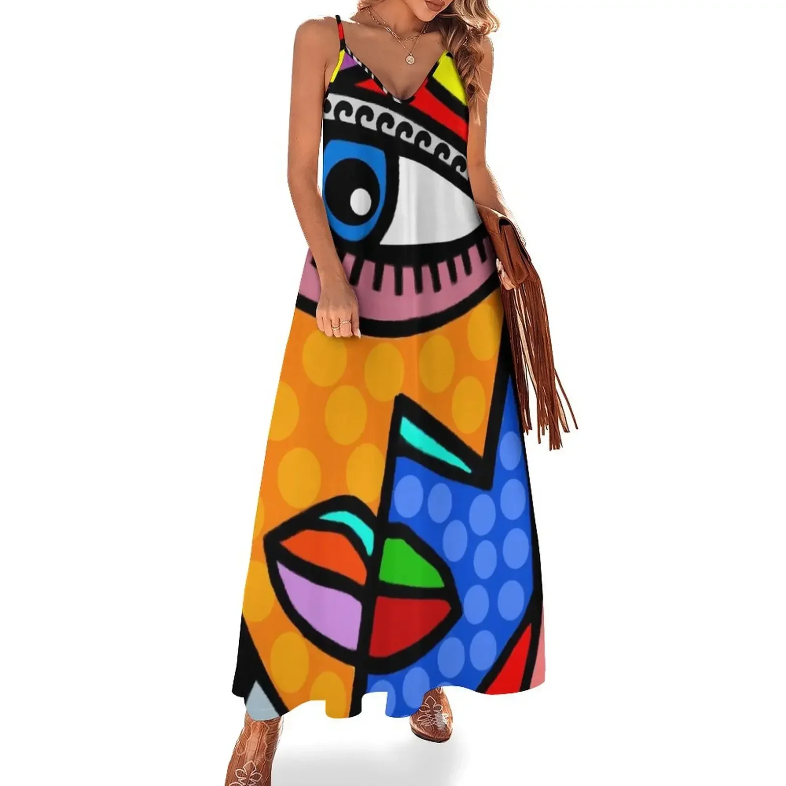 

Funky Abstract Style Art Face with Dots and Stripes Sleeveless Dress elegant party dresses for women 2024 Elegant gowns Dress