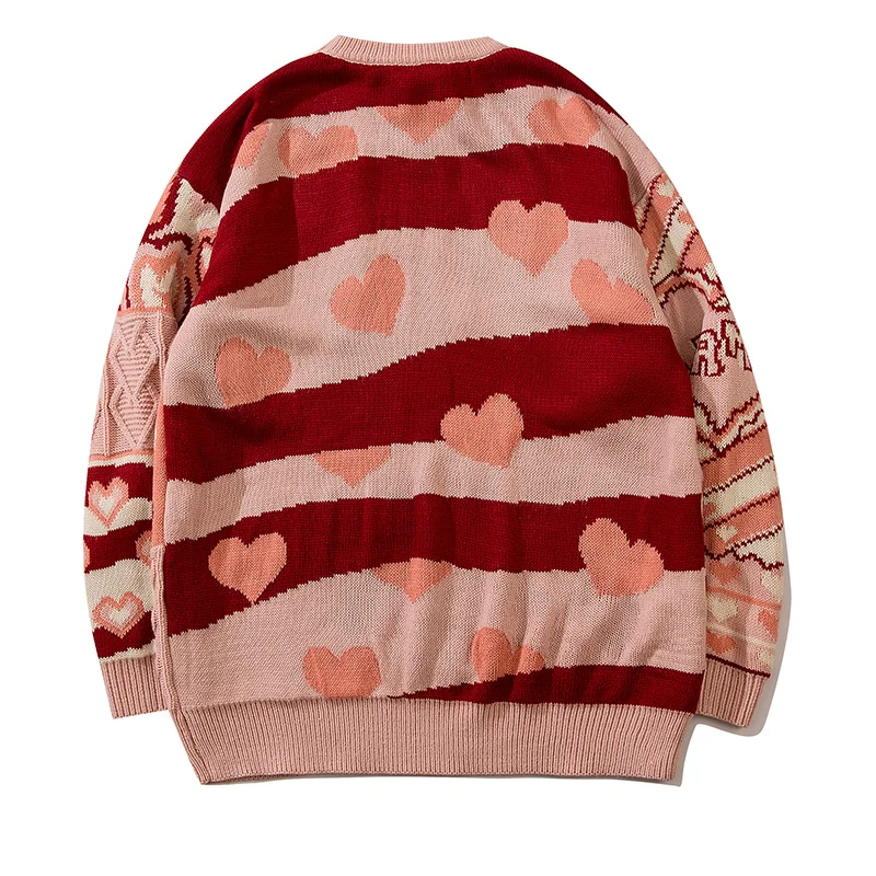 Trendy Love Heart Pattern Knitted Sweater Women\'s Casual Warm Mid Stretch Crew Neck Pullover Sweater For Men Fall Winter