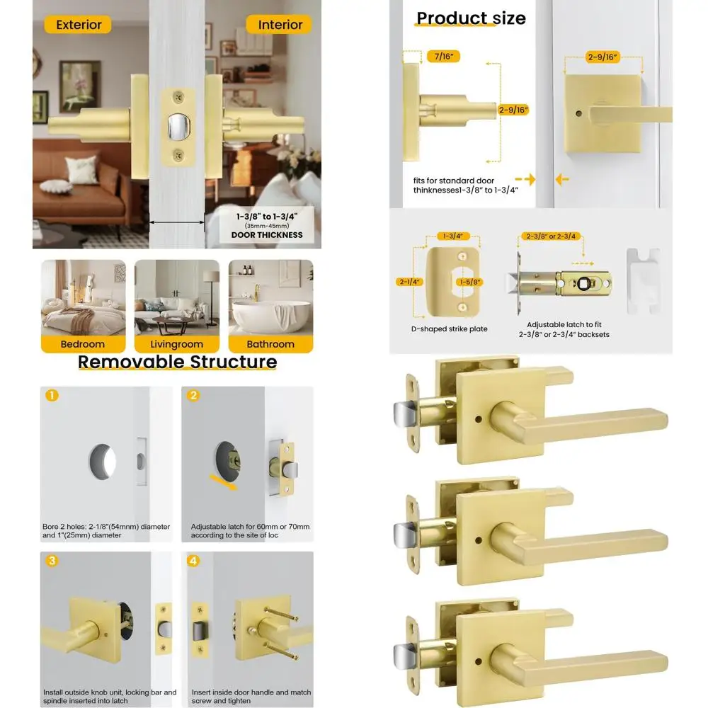 

Стильные дверные ручки из матового золота из цинкового сплава, упаковка из 3 штук для домашнего конфиденциальности и долговечности