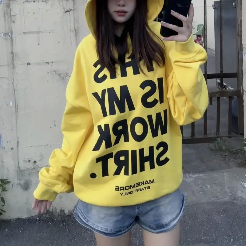 

American Letter Printed Vintage Hoodies Female Clothing Loose Hooded Autumn Winter Fleece Casual Long Sleeve Chic Sweatshirts