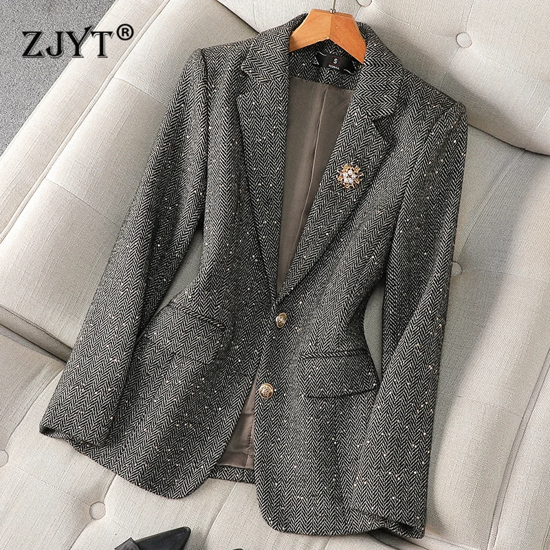 ZJYT New Autumn Winter Outerwears Casual Blazers Turn Down Collar Women Coat Jackets Plus Size Vintage Feminina Casaco Plus Size