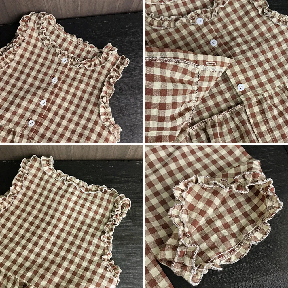 Freizeitanzug für Mädchen und Teenager im Alter von 2-10 Jahren mit kariertem Spitzenoberteil und Hose, zweiteiliges Set, koreanische Version – Detail 7