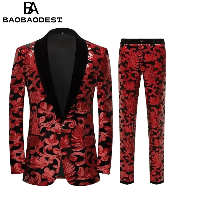 

Мужской комплект из двух предметов с цветочными пайетками — модный блестящий смокинг, пиджак и брюки, свадебное платье для выпускного вечера жениха, форма на заказ