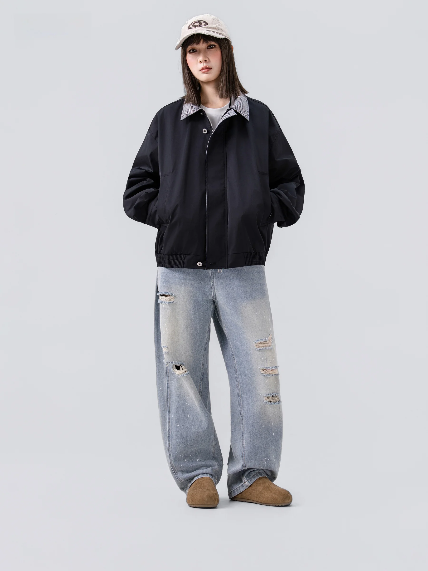 American Style Contrast Color Plaid Collar Jacket Loose Fit Unisex Autumn New Trendy Brand Outerwear Casual Style Zipper Closure