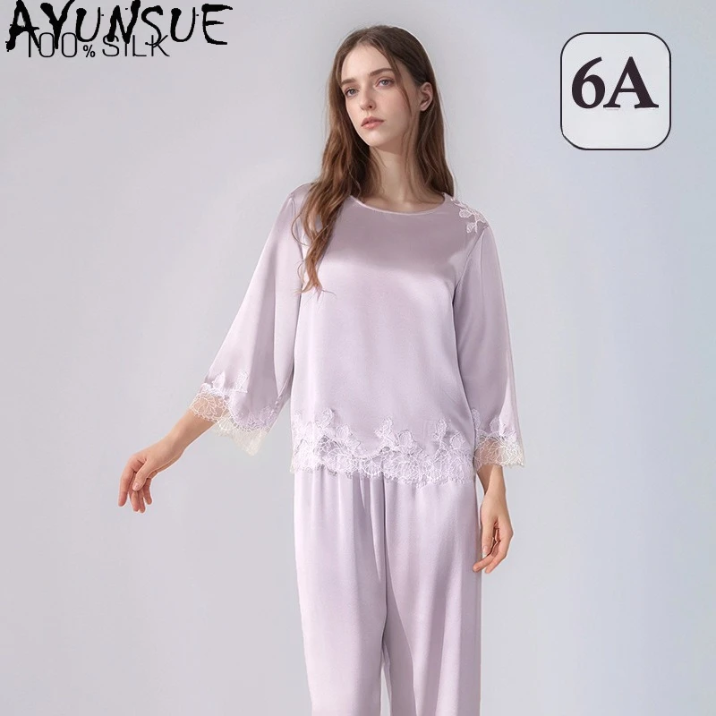 

AYUNSUE 19 мм, 100% натуральный шелк тутового шелкопряда, пижамные комплекты, женская домашняя одежда, весенне-летние рубашки, футболки, брюки, женская пижама