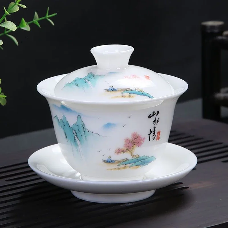 

200 мл Цзиндэчжэнь Керамика Красивый пейзаж Чайная чаша Sancai Большой набор Gaiwan Kungfu Бытовая крышка Белый фарфор