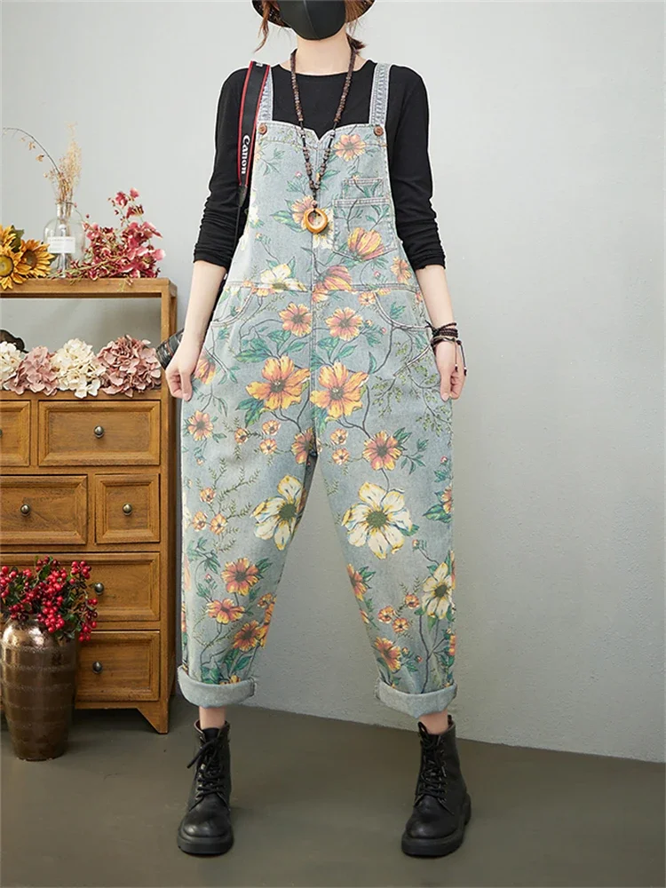 Spring Fall Fashion Women's Floral Print Vintage Denim Pants Female Empire Waist Loose Casual Suspender Baggy Streetwear Overall