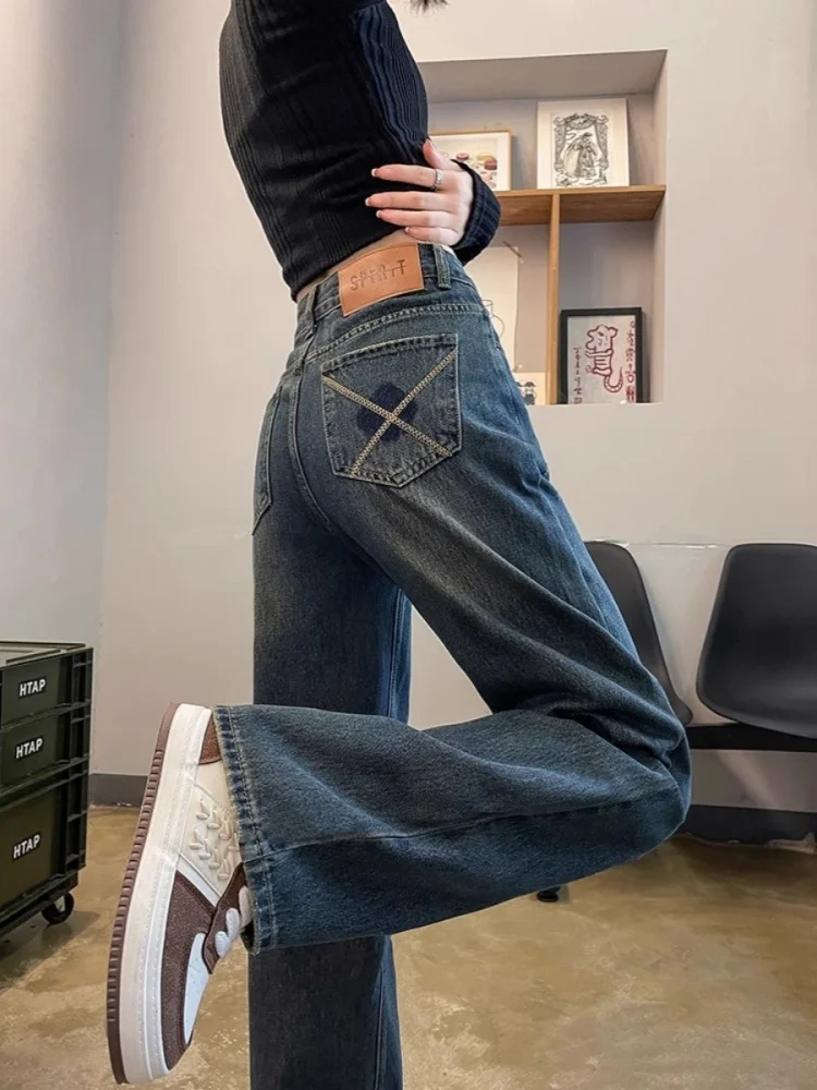 

American Style High Waist Wide Leg Jeans Women's Loose Fit Retro Straight Cut Slimming Jeans for Pear Shaped Body Spring Wear