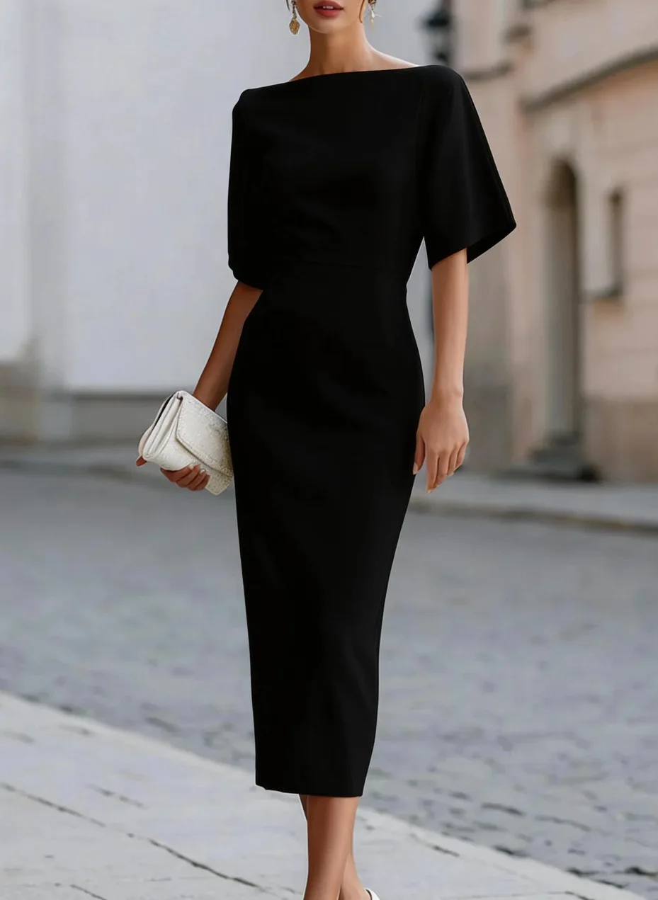 Boat Neck Batwing Half Sleeve Solid Midi Pencil Dress Fitted Waist Simple Clean Cut Bodycon Mid Length Sheath Gown