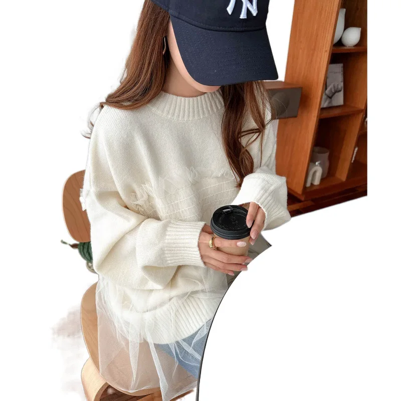 2025New Heavyweight Rabbit Velvet Core Spin Yarn Knitted Sweater Mesh Splicing Fake Two-Piece Women's Knitted Top