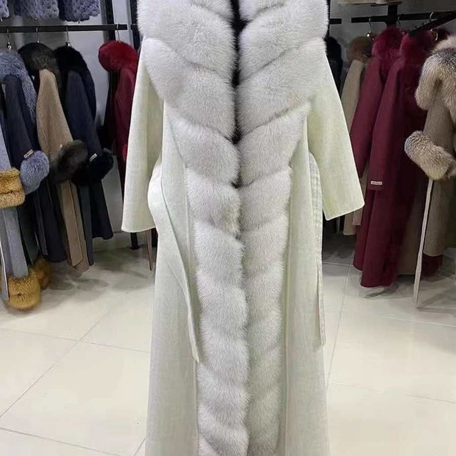 Abrigo de lana de Cachemira para mujer, abrigo de piel de zorro Real, nuevo abrigo de lana blanco, moda de invierno