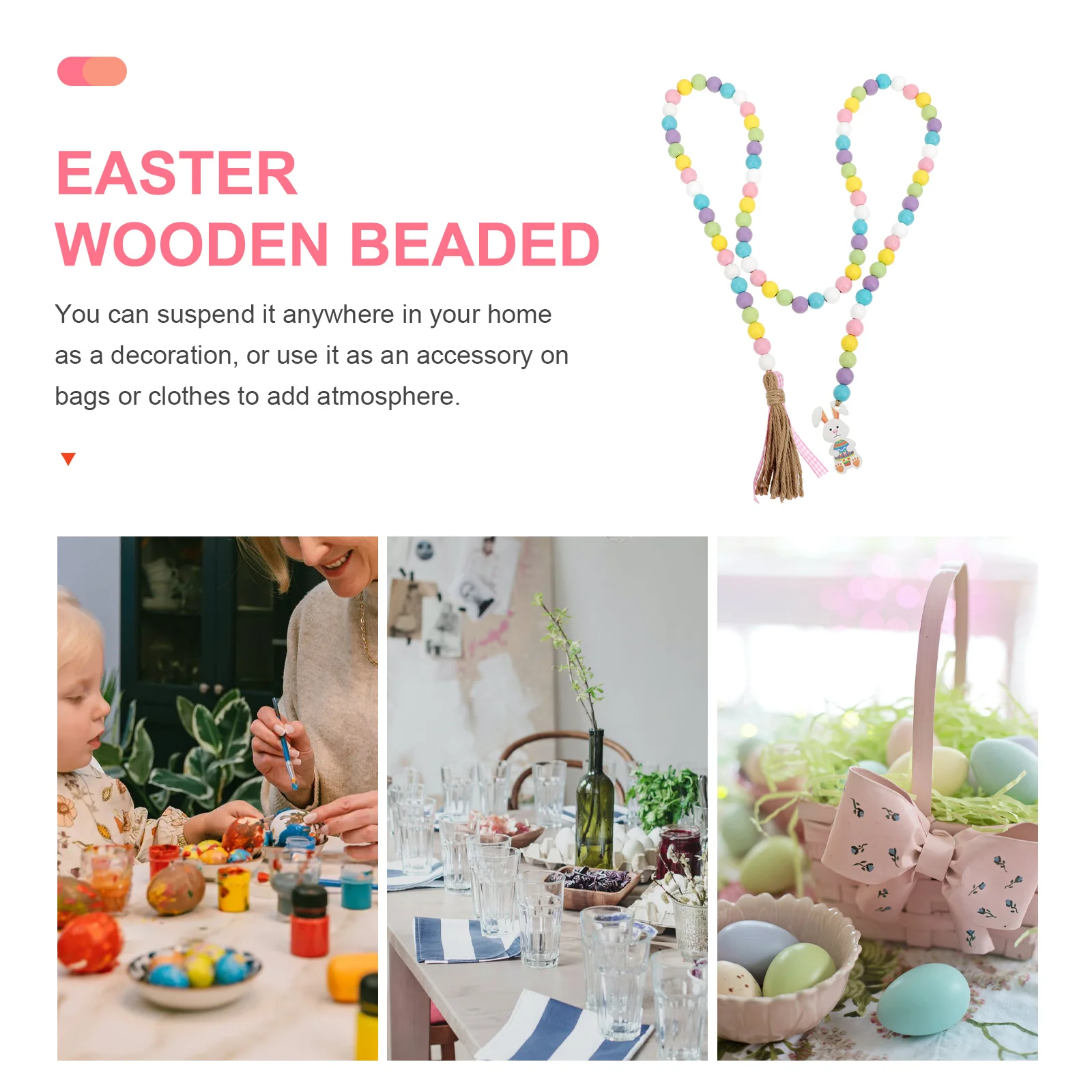 

Easter Beaded String Wooden Pendant Decor Farmhouse Tassel for Living Room Bedroom Office Door Handle Window Decoration