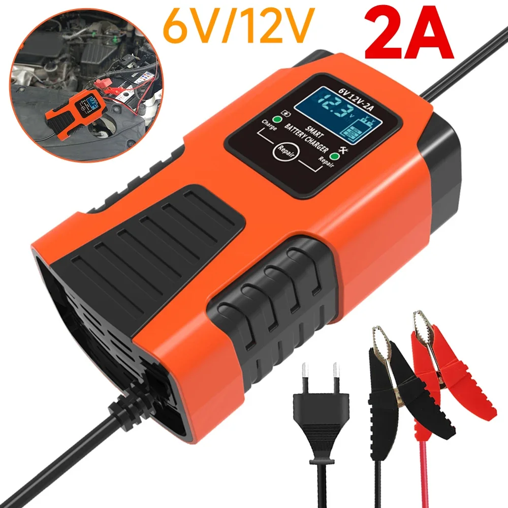 Battery Charger 12V 6V 2A Pulse Repair LCD Display Fast Car Charge AGM Deep cycle GEL Lead-Acid Charger For Auto Motorcycle