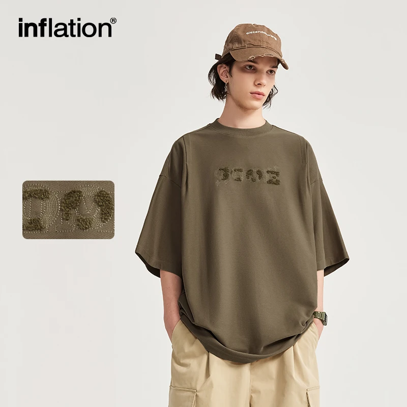 

INFLATION 250gsm Heavyweight Embroidered Tees Men Summer Twill Fabric Oversized tshirt