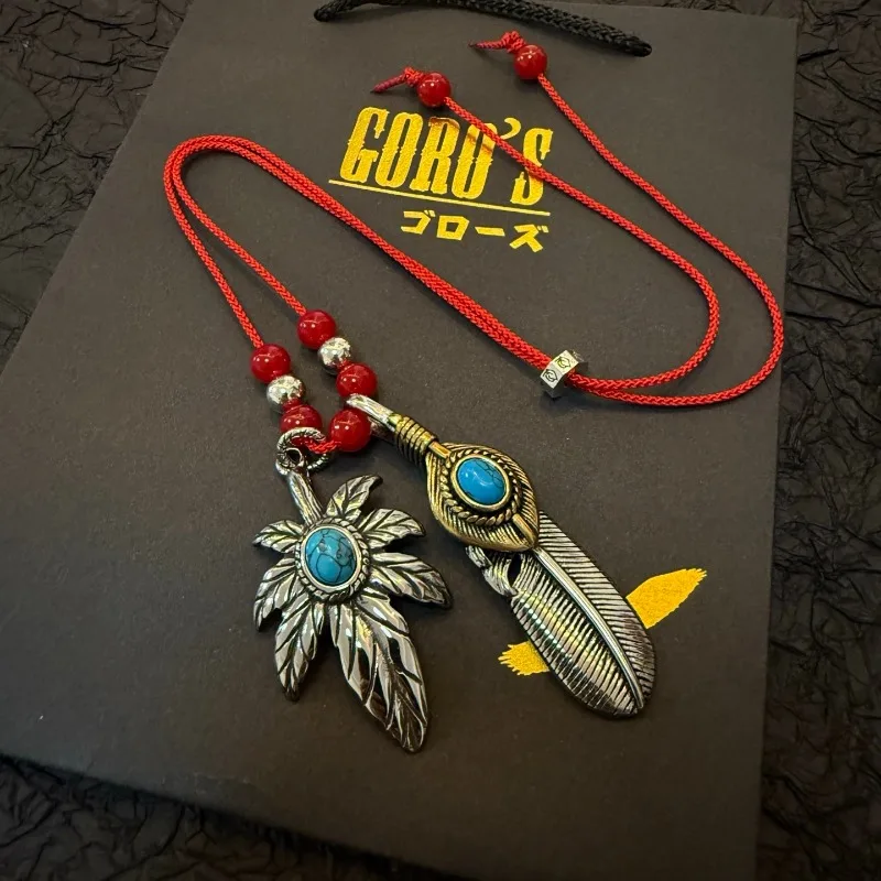 

Япония Tide Takahashi Goros винтажное бирюзовое перо кокосового листа двойной кулон классическая красная веревка ожерелье из стеклянных бусин универсальное