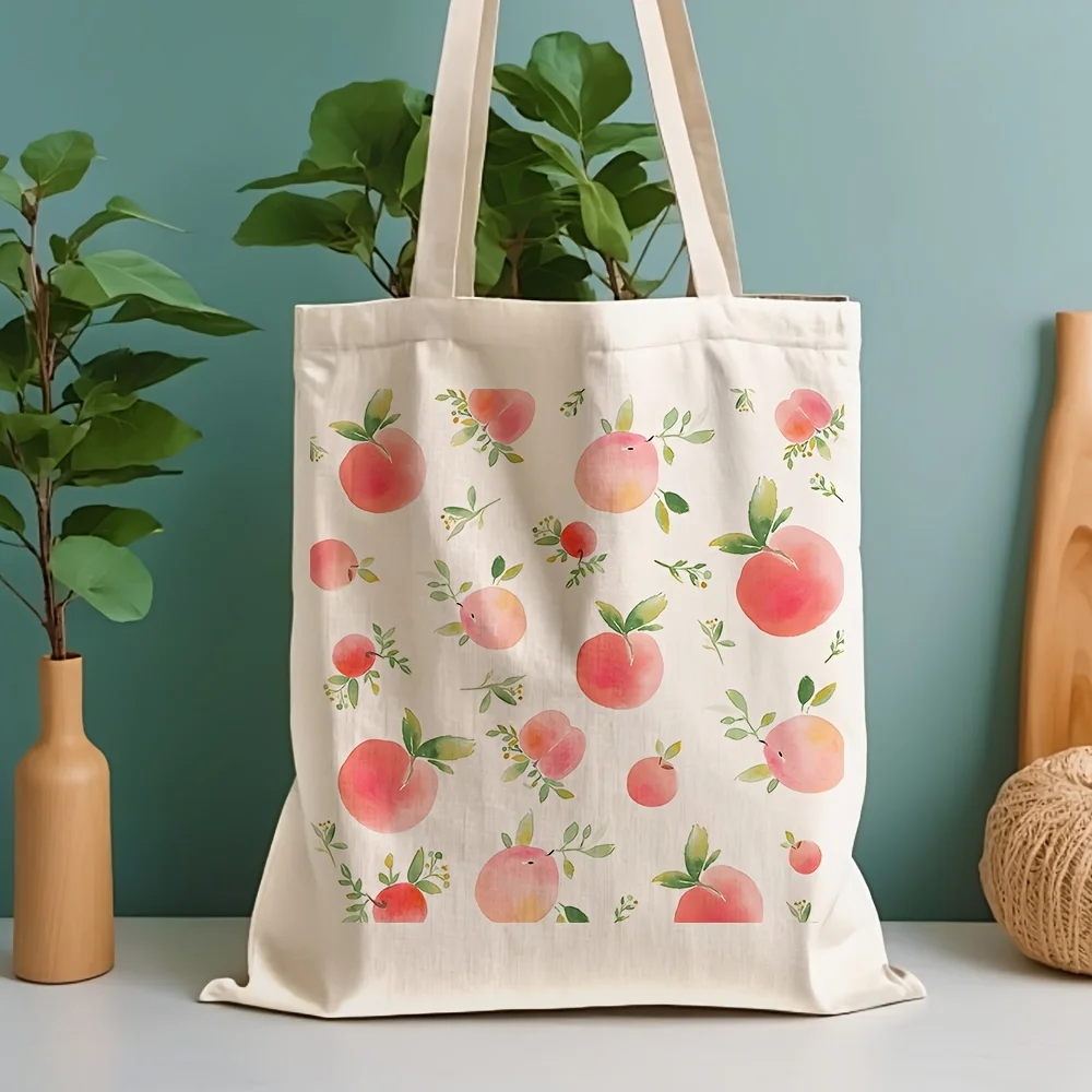 A Watercolor Peach Leaf Pattern Print Canvas Tote Bag, Suitable For Daily Use, Shopping, School, And Travel