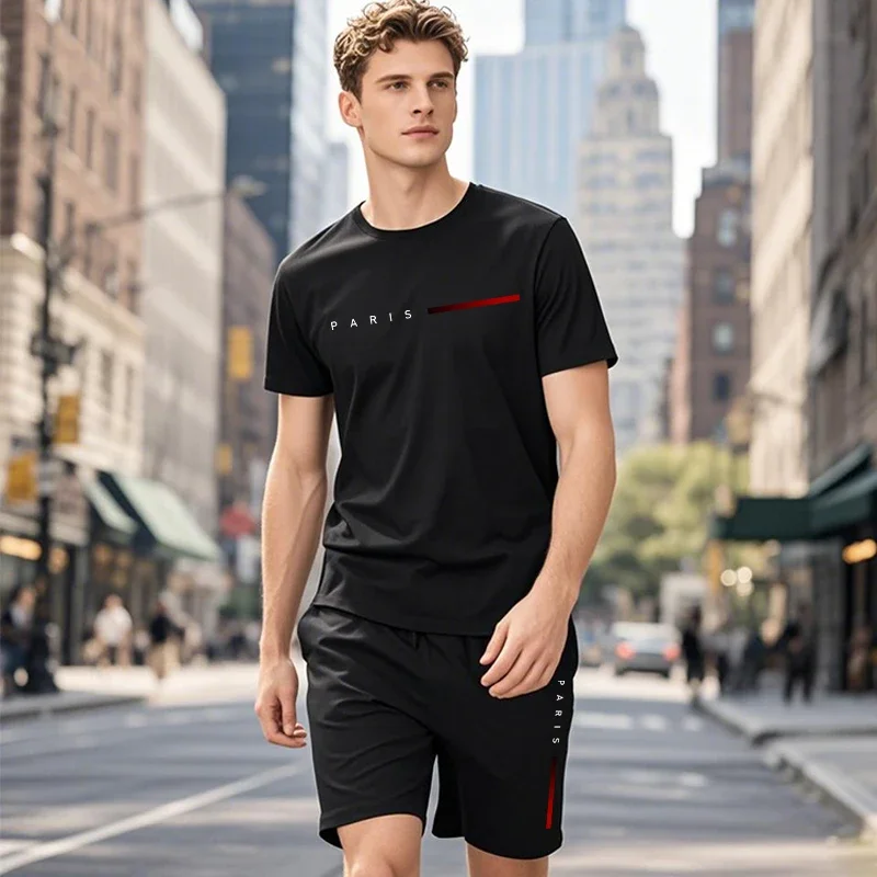 

Paris Fashion Male T-shirt Walking Shorts 2pcs Set Urban Fashion Casual Tracksuit Spring Summer Daily Sport Outfit Men's Clothes
