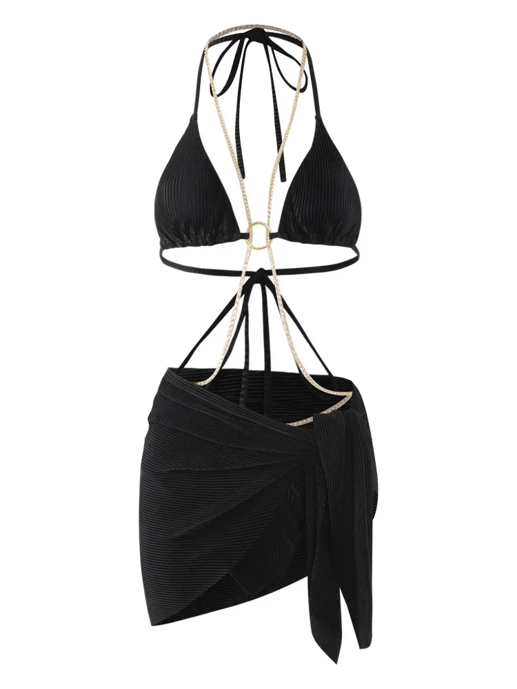 

Купальник женский Pure Desire с цепочкой, сплошной цвет, модный тренд, простой темперамент, сплит-треугольник, бикини, отпуск, пляж, горячий источник