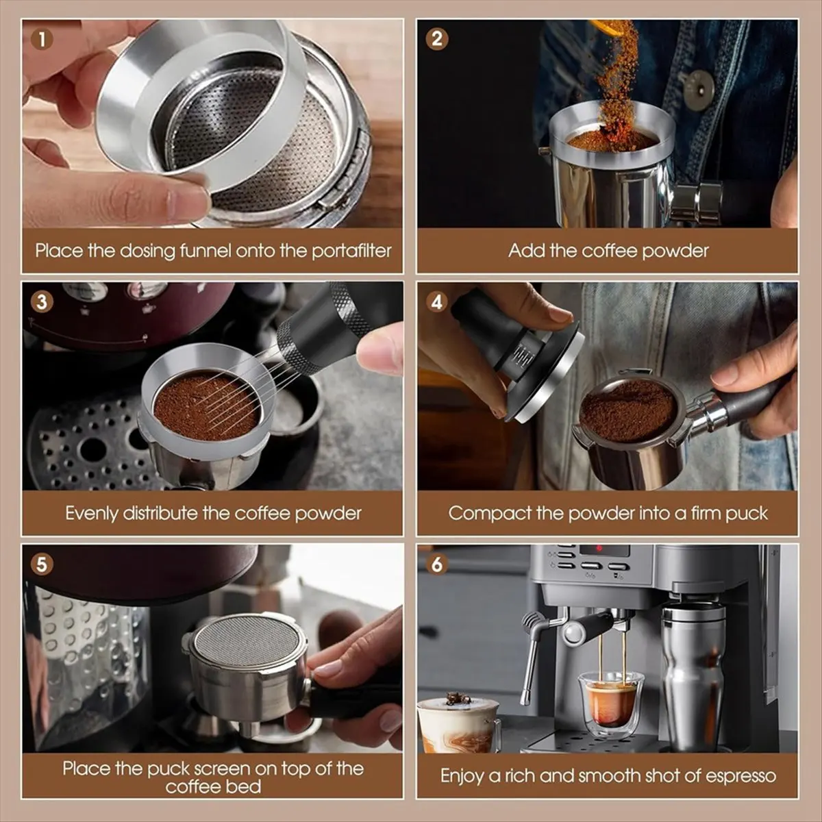 FZFZ 53mm Espresso Accessories Kit, Spring Loaded Calibrated Tamper, Stainless Steel Needle Tool and Dosing Funnel Set