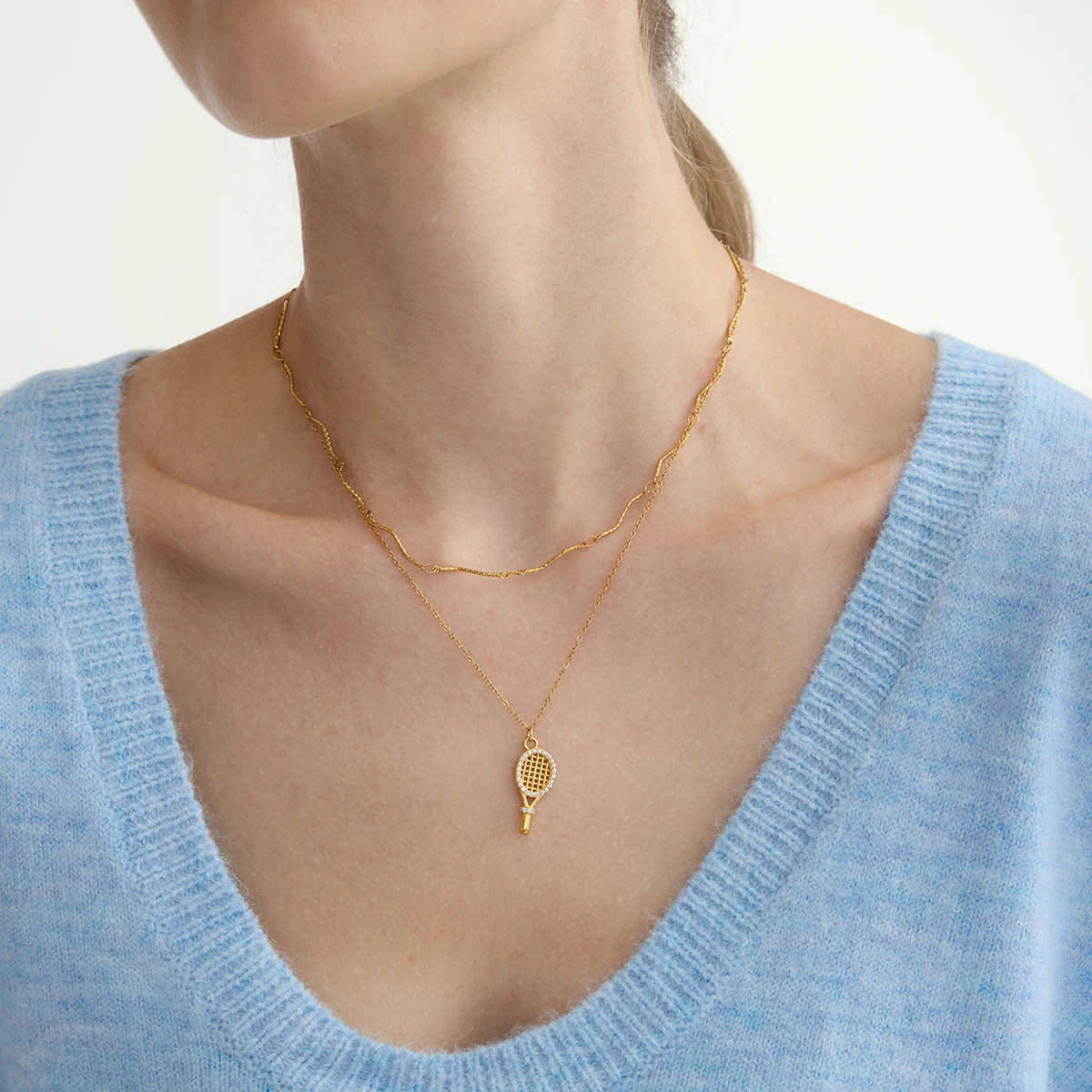 Zora Classic Trendy White Zircon Tennis Racket Pendant Necklace 18K Gold Color Plated Stainless Steel Women's Jewelry Party Gift