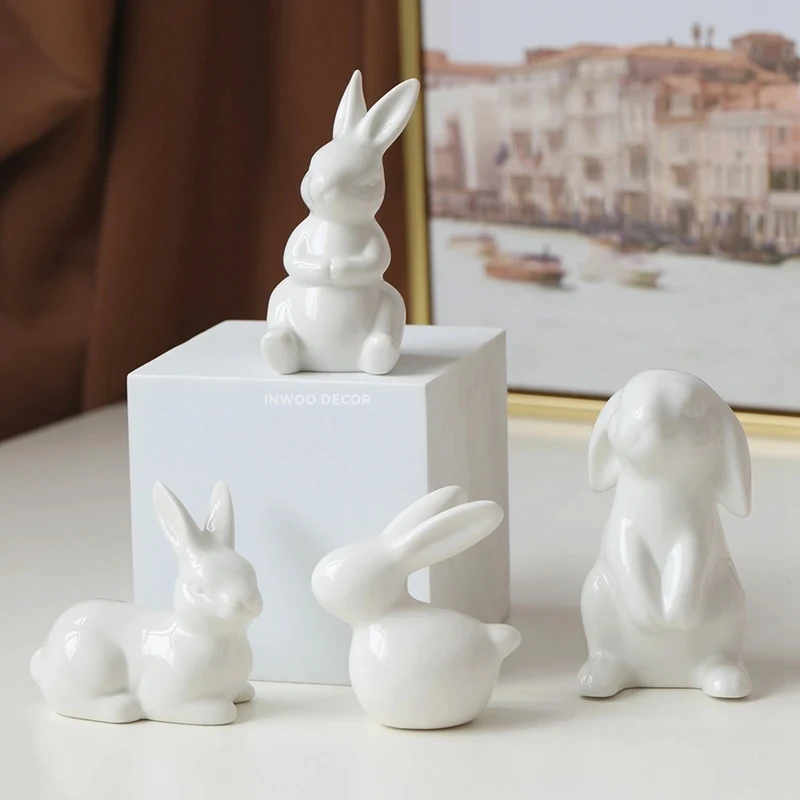 Cute Ceramics Rabbit Figurines Kawaii Hare Bunny Sculpture Garden Animal Ornaments Easter Nordic Home Decor Room Decoration