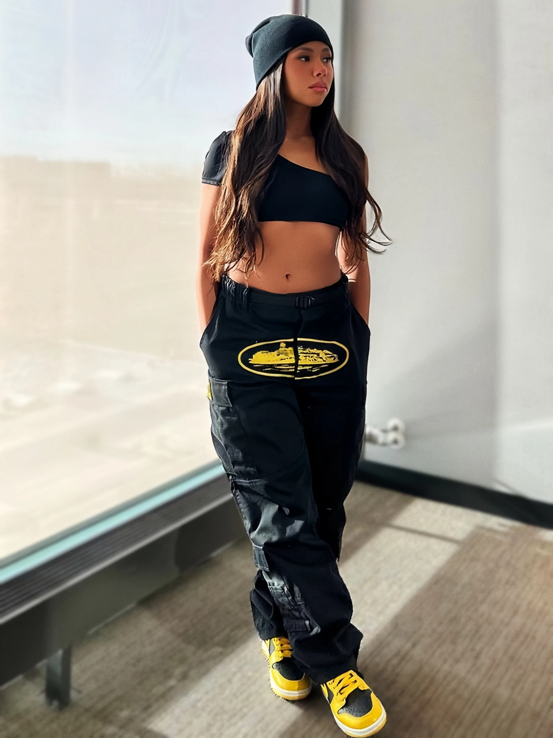 Street Style Loose Fit Workwear Pants Multiple Pockets Printed Casual Long Trousers for Women Polyester Fiber Natural Waist