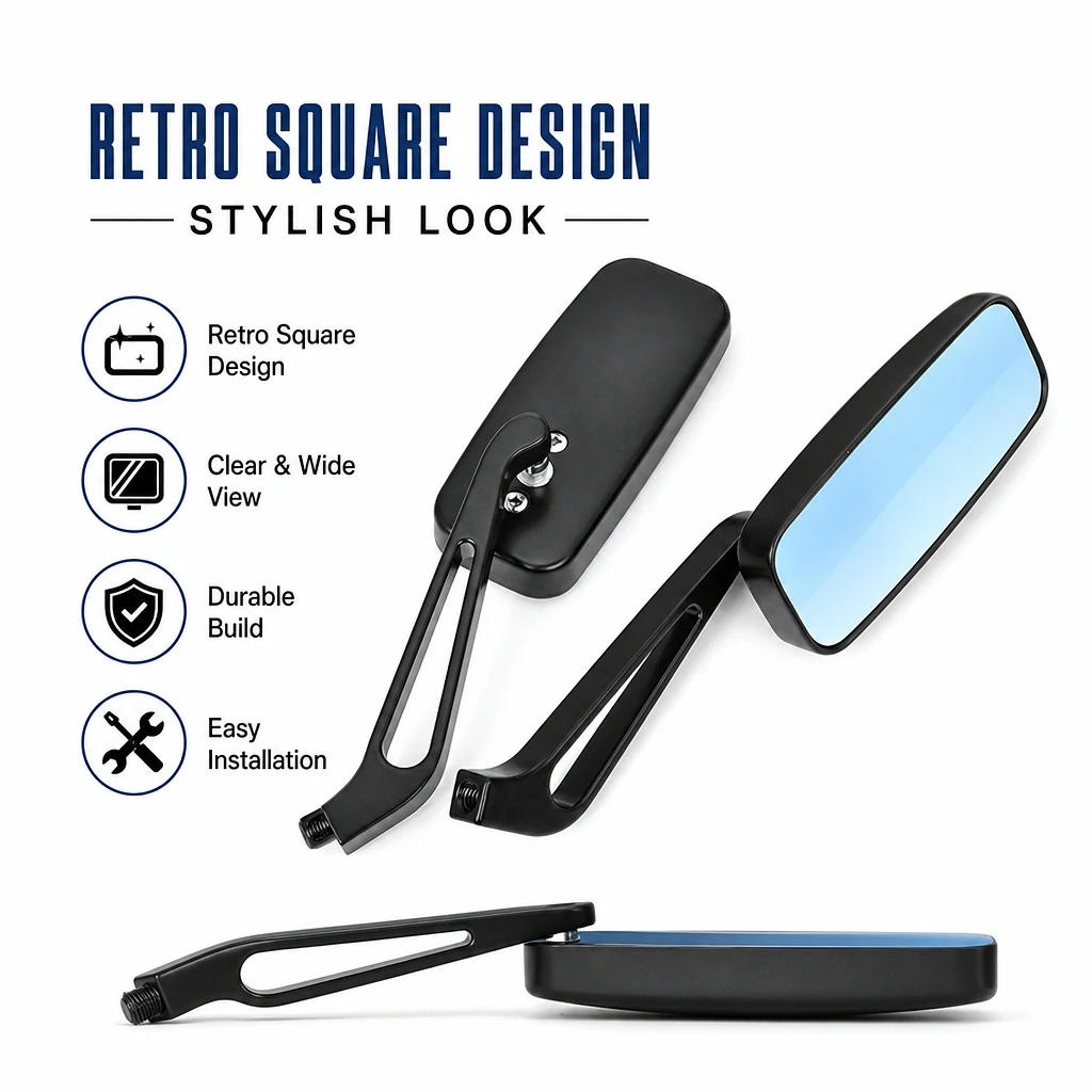 Retro Rectangle Motorcycle Rearview Mirrors Anti-Glare Blue Glass Side Mirror Universal For Motorbike Scooter E-Bike Modified Pa