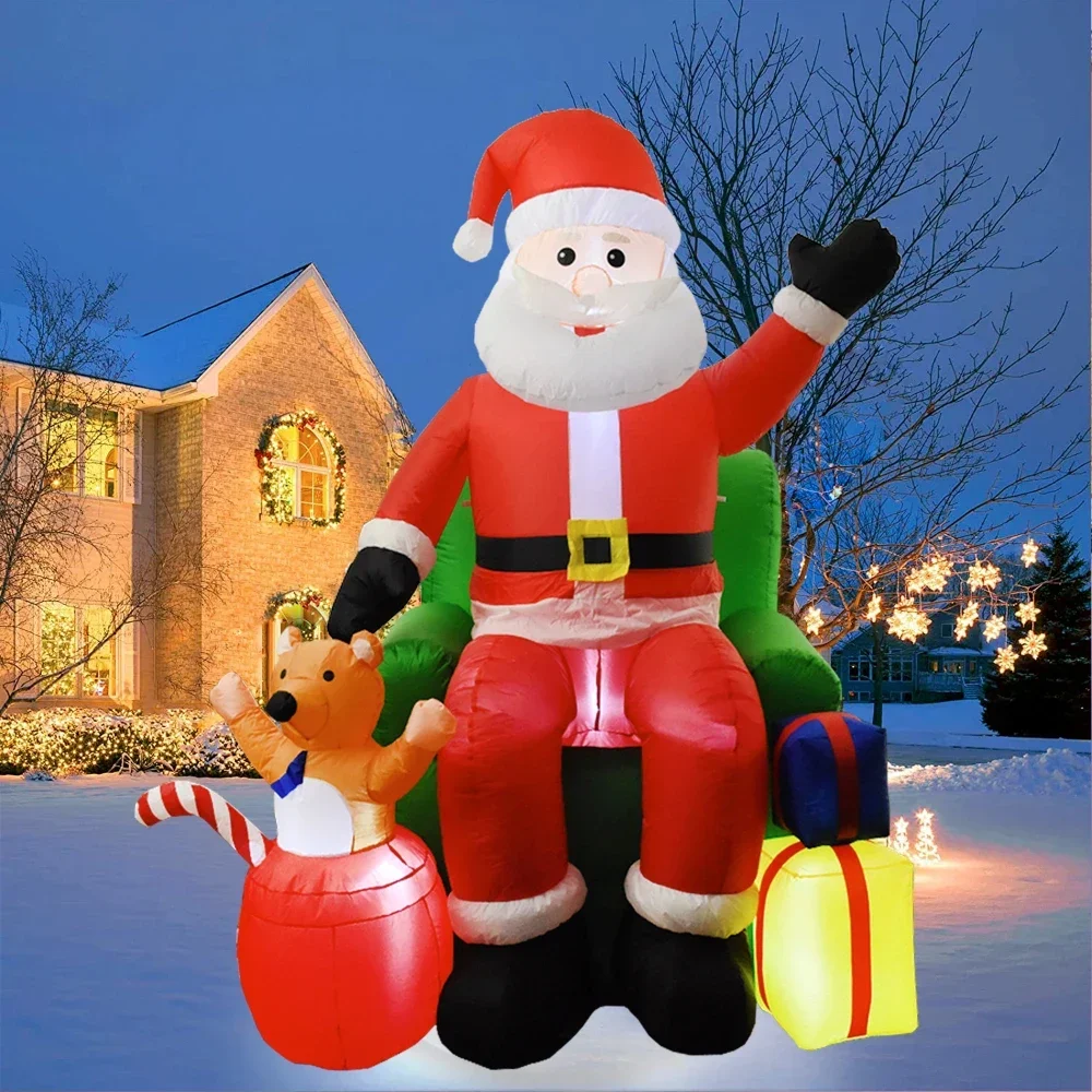 

8ft Giant Inflatable Santa Claus on Sofa with Bear Gift Box Christmas Outdoor Decoration LED Lighted Holiday Home Party Decor