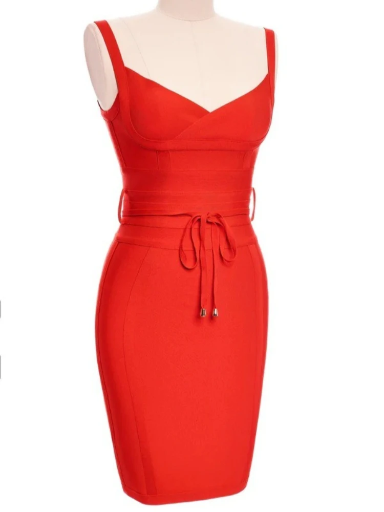 セクシーなVネックバックレススパゲッティストラップ膝丈包帯ドレス