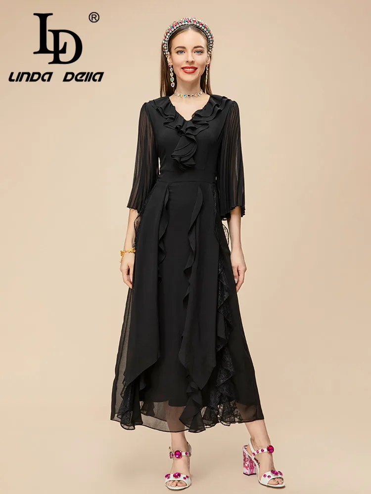 Ld linda della 2023 Sommer Vintage elegante Party kleid Frauen schwarz gekräuselt hohe Taille Spleiß drapiert Unregelmäßigkeit Slim Fit Kleid