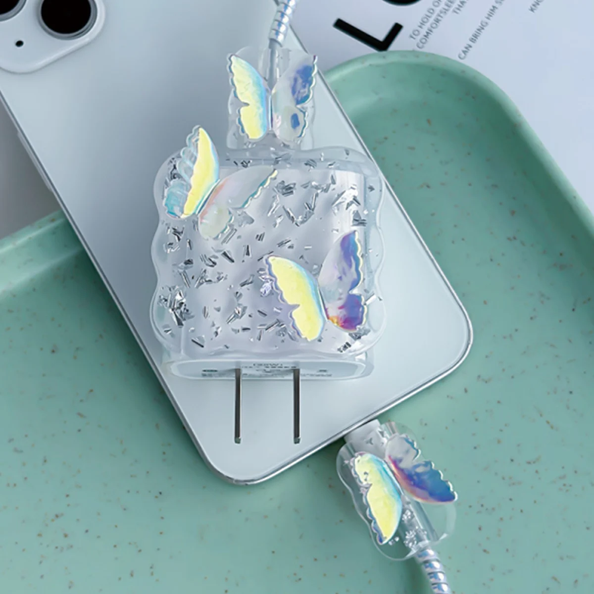 Crystal Butterfly 5PCS Charging Data Cable Protector Winder Accessories For iPhone 18/20w Charger Protective Cover