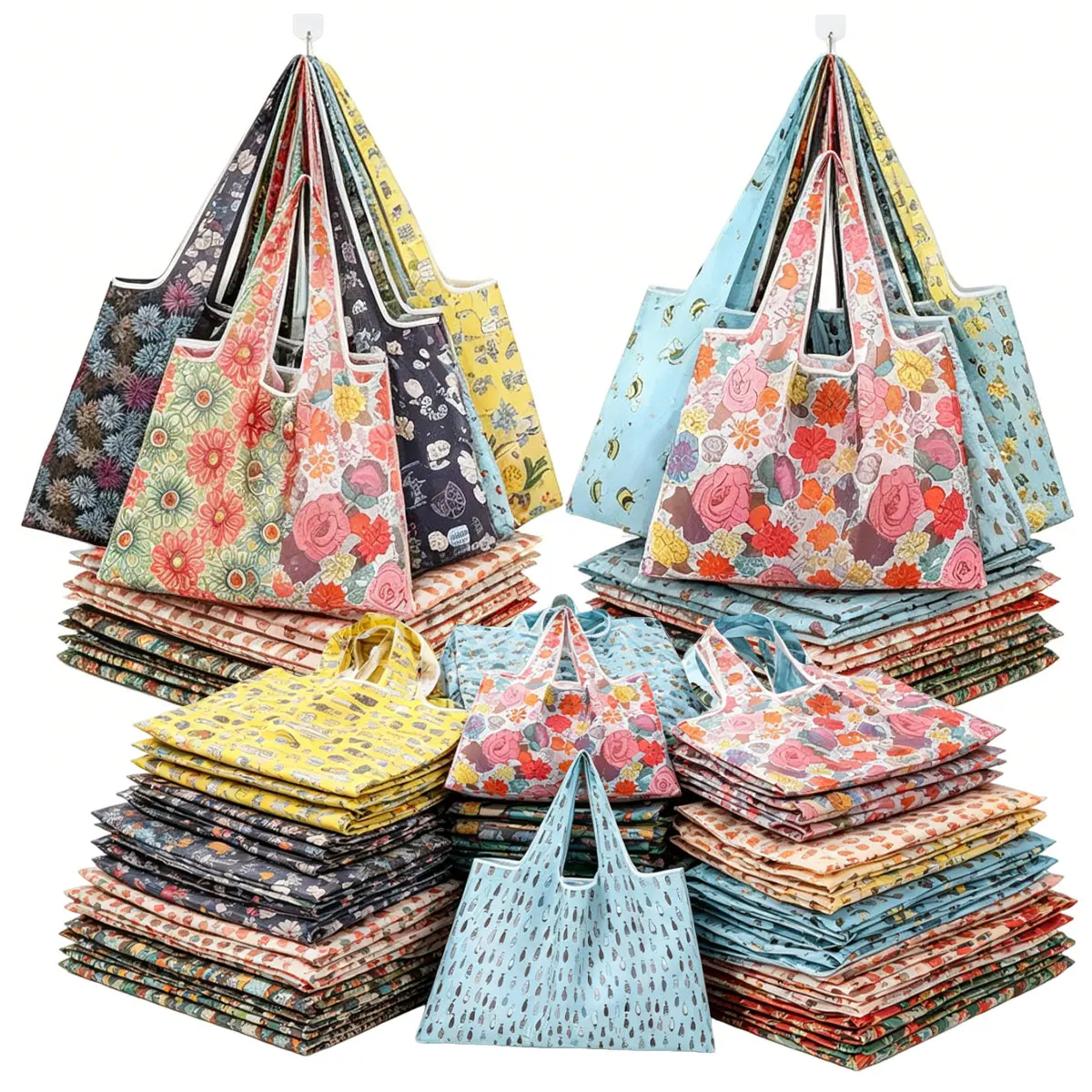 5pcs Reusable Ladies' Foldable Shopping Tote Bag – Portable Shoulder Bag for Travel, Supermarket, and Kitchen Storage,ZSY