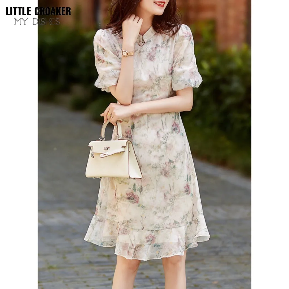 Summer 2023 New Fashion High-end Style Floral Long Dress Qipao Improved Chinese Style Cute Cheongsam Dress for Women