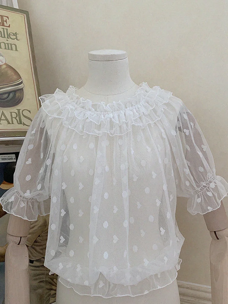 KOSAHIKI Women Fairy Sheer Mesh Short Sleeve Tops Transparent Sweet Princess Lolita Kawaii Lace   Girl Bottom Blouse